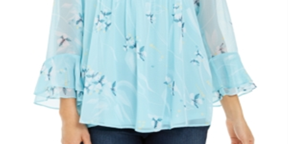 Charter Club Blusa Feminina Estampada com Babados Duplos Azul Tamanho X-S