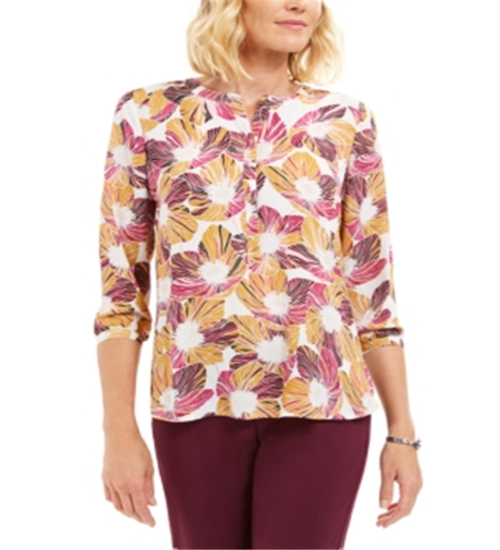 JM Collection Top feminino estampado com pregas nas costas, roxo, tamanho pequeno e pequeno