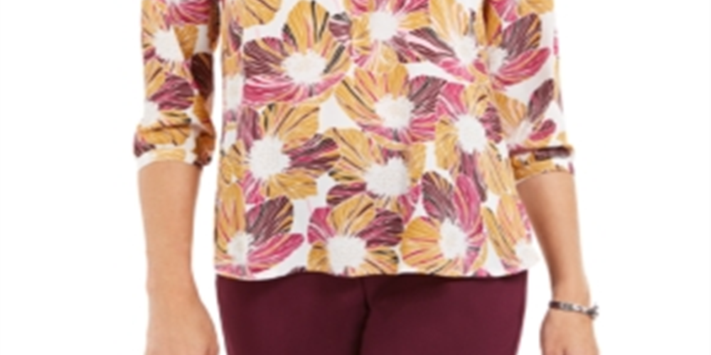 JM Collection Top feminino estampado com pregas nas costas, roxo, tamanho pequeno e pequeno