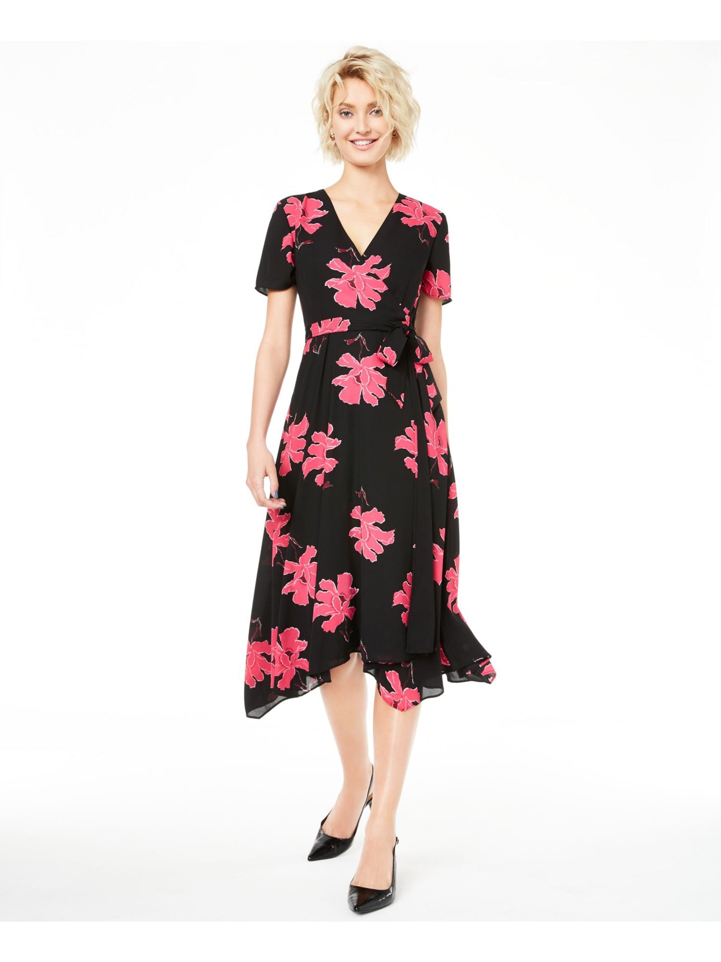 Vestido midi de chiffon floral Alfani feminino, preto, tamanho 2, pequeno