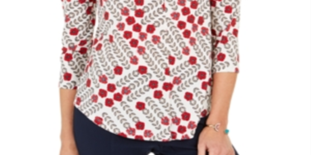 Top feminino estampado com decote em V, tamanho XX-G, branco, Charter Club