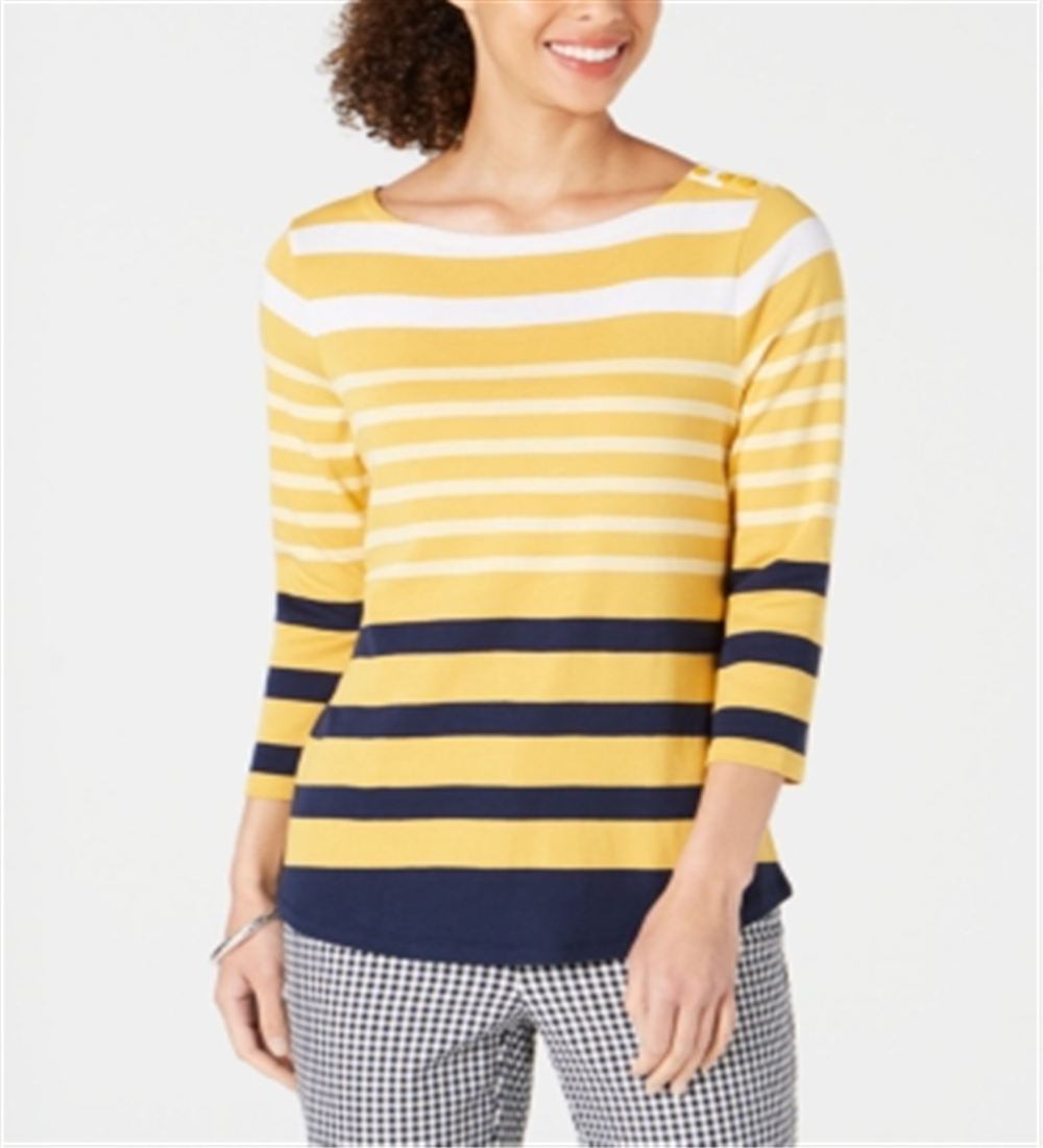 Charter Club Top feminino listrado de algodão Pima com botões e ombros, amarelo, tamanho XX-G