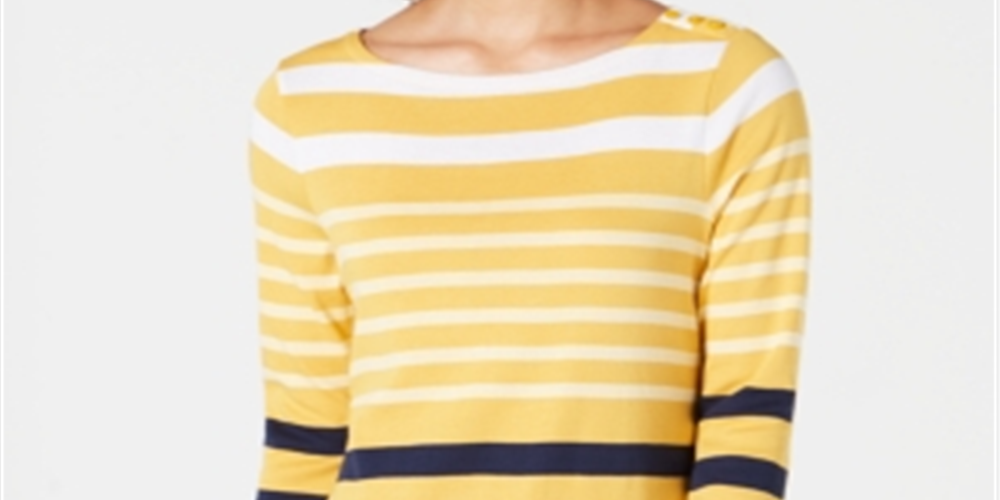 Charter Club Top feminino listrado de algodão Pima com botões e ombros, amarelo, tamanho XX-G
