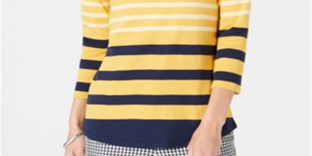 Charter Club Top feminino listrado de algodão Pima com botões e ombros, amarelo, tamanho XX-G