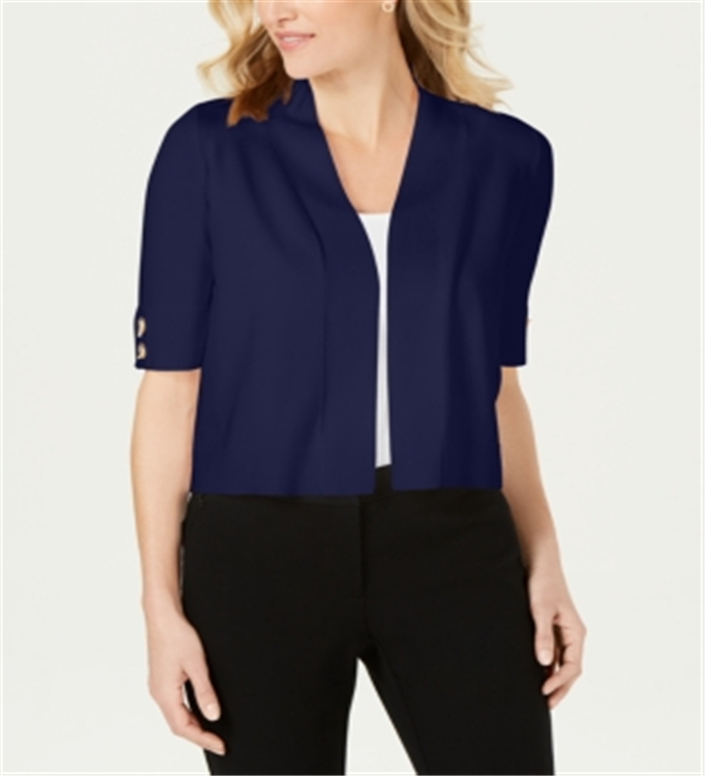 Cardigan feminino JM Collection com frente aberta e mangas curtas, azul, tamanho grande