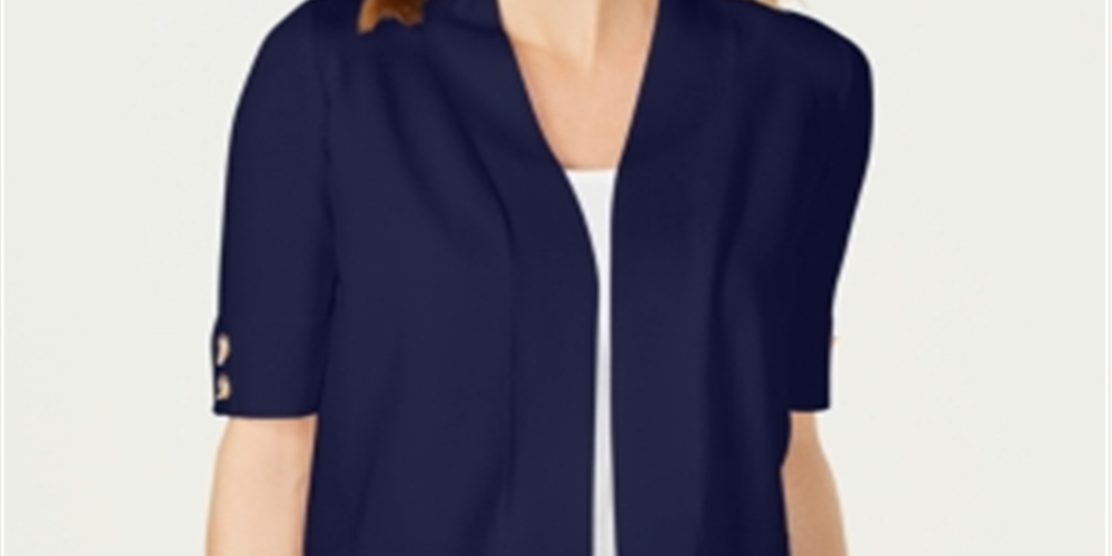 Cardigan feminino JM Collection com frente aberta e mangas curtas, azul, tamanho grande