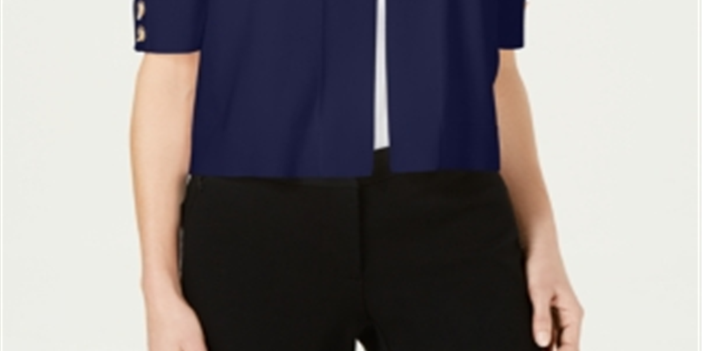 Cardigan feminino JM Collection com frente aberta e mangas curtas, azul, tamanho grande