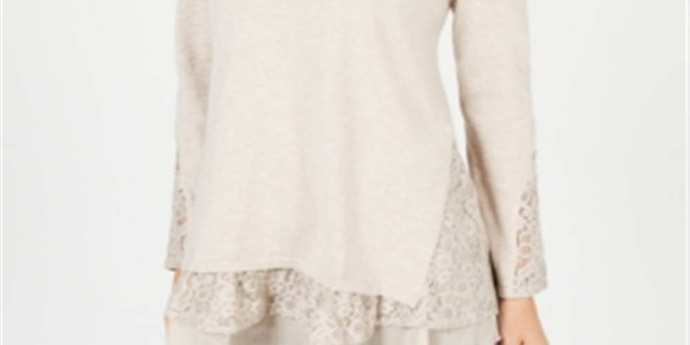 Blusa feminina de manga comprida com acabamento em renda estilo &amp; co, marrom, tamanho pequeno M