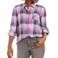 Camisa xadrez feminina Style &amp; Co com um bolso, roxa, tamanho pequeno