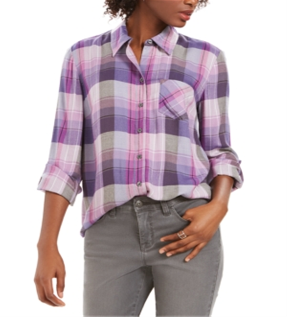 Camisa xadrez feminina Style &amp; Co com um bolso, roxa, tamanho pequeno