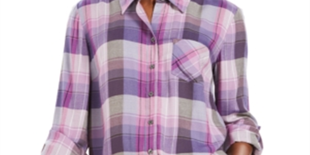 Camisa xadrez feminina Style &amp; Co com um bolso, roxa, tamanho pequeno