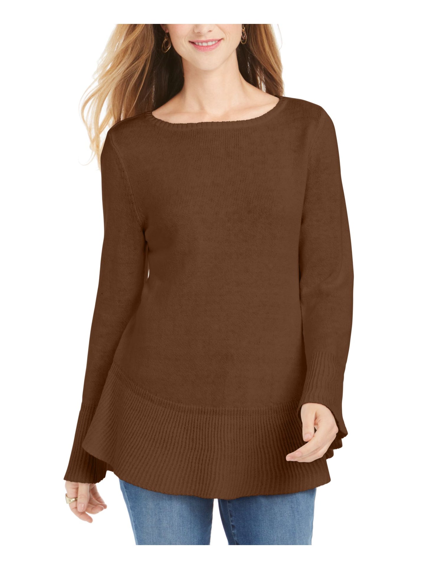 Blusa feminina com estampa canelada e manga comprida, gola redonda, tamanho pequeno e médio, estilo &amp; co