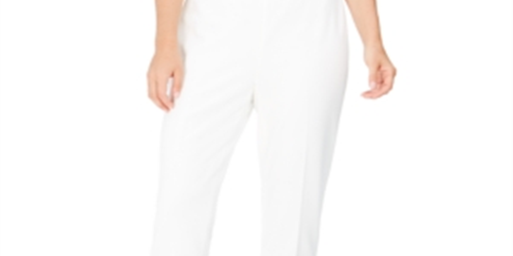 Calça social feminina Calvin Klein com cintura plissada e ajuste slim, branca, tamanho 6