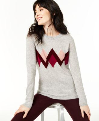 Suéter feminino de cashmere argyle Charter Club cinza, tamanho médio