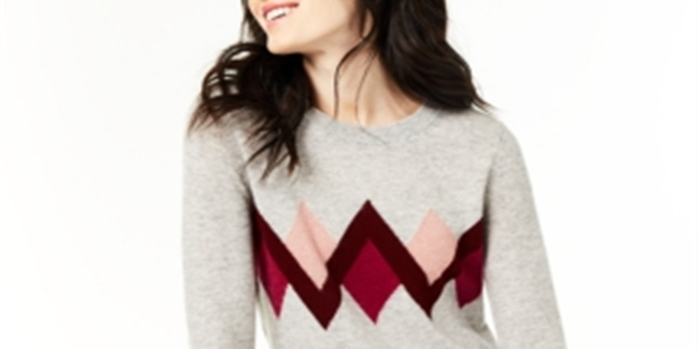 Suéter feminino de cashmere argyle Charter Club cinza, tamanho médio