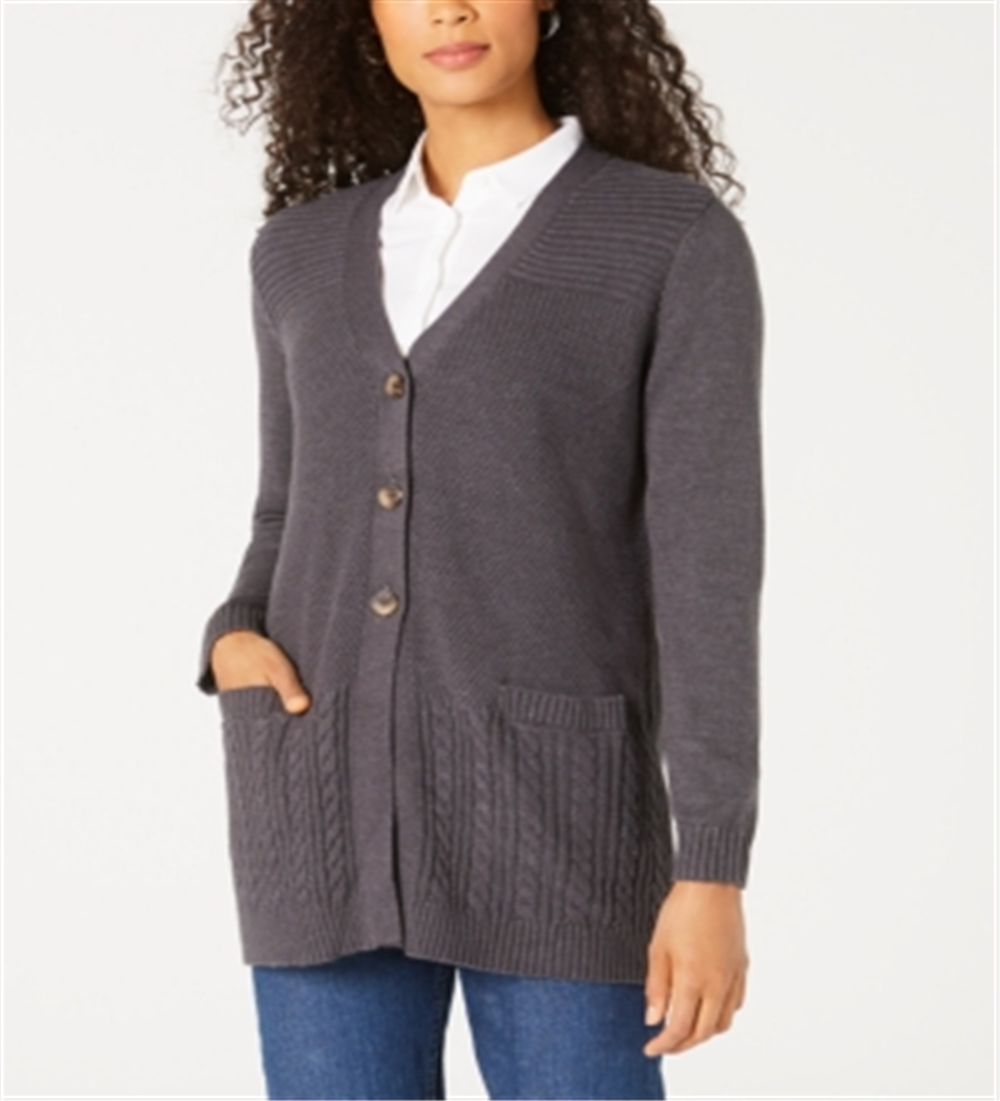 Karen Scott Cardigan Feminino com Botões Frontais e Pontos Mistos, Preto, Tamanho Médio