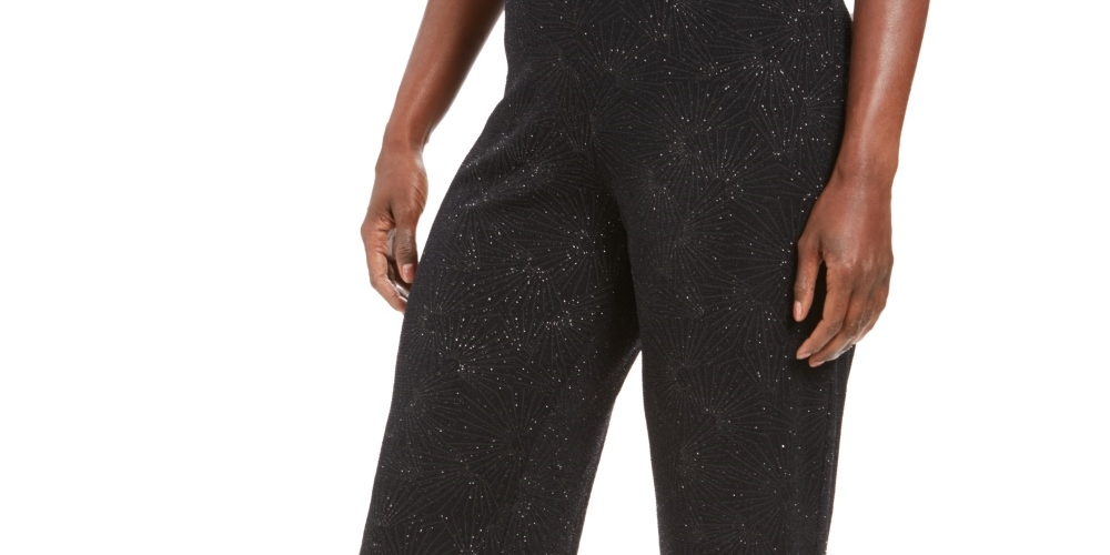 Calça feminina texturizada metálica JM Collection, preta, tamanho grande