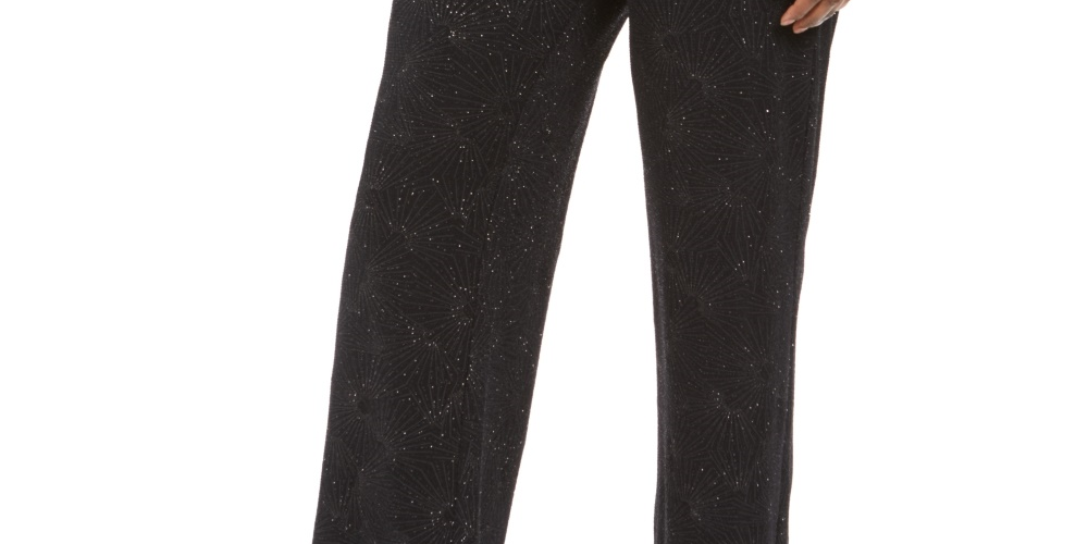 Calça feminina texturizada metálica JM Collection, preta, tamanho grande