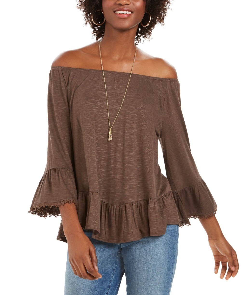 Blusa feminina estilo &amp; co com ombro de fora e manga sino, marrom, tamanho pequeno