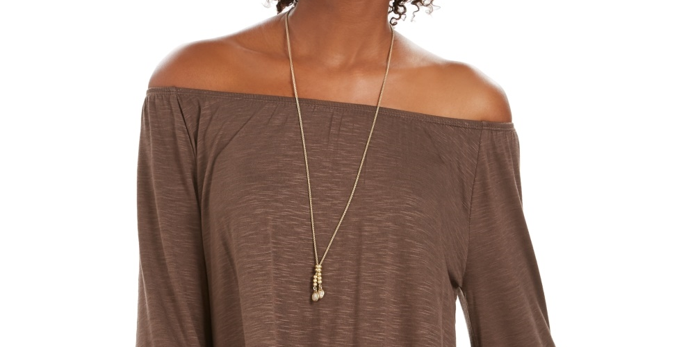 Blusa feminina estilo &amp; co com ombro de fora e manga sino, marrom, tamanho pequeno