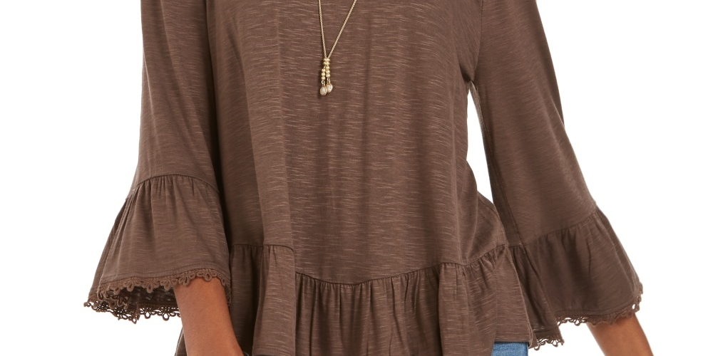 Blusa feminina estilo &amp; co com ombro de fora e manga sino, marrom, tamanho pequeno