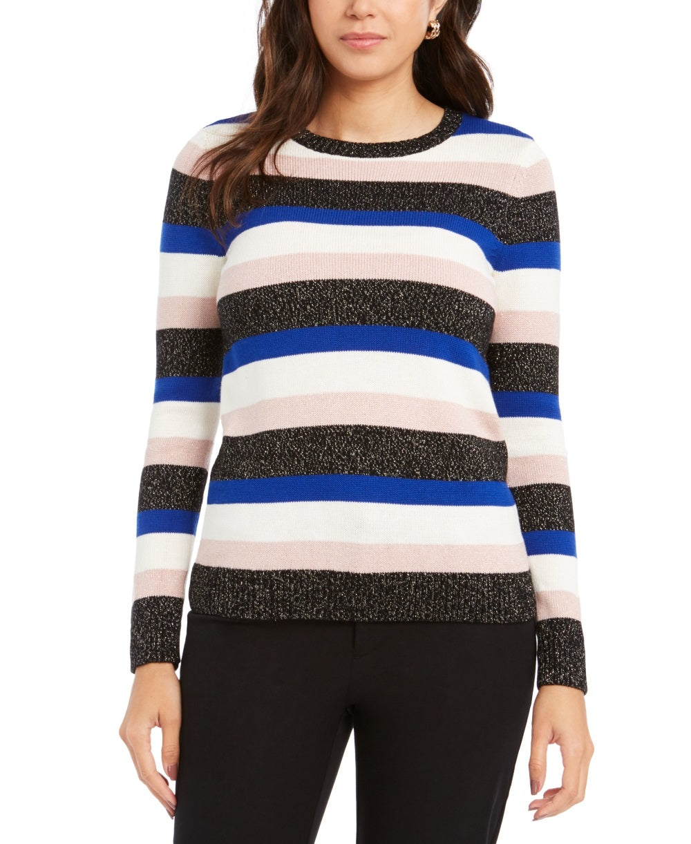 Suéter feminino listrado com gola redonda Charter Club, azul, tamanho médio