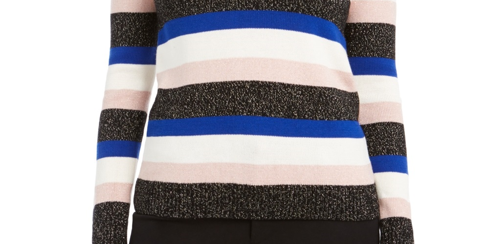 Suéter feminino listrado com gola redonda Charter Club, azul, tamanho médio