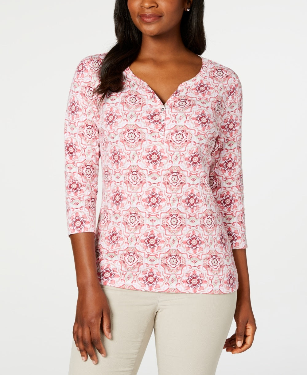 Karen Scott Blusa Henley Feminina Estampada Manga 3/4 Rosa Tamanho Pequeno
