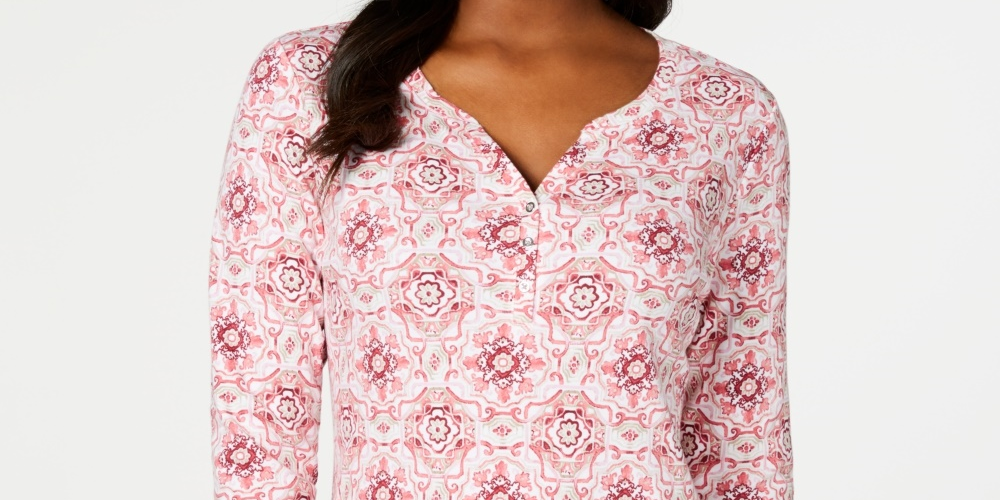 Karen Scott Blusa Henley Feminina Estampada Manga 3/4 Rosa Tamanho Pequeno