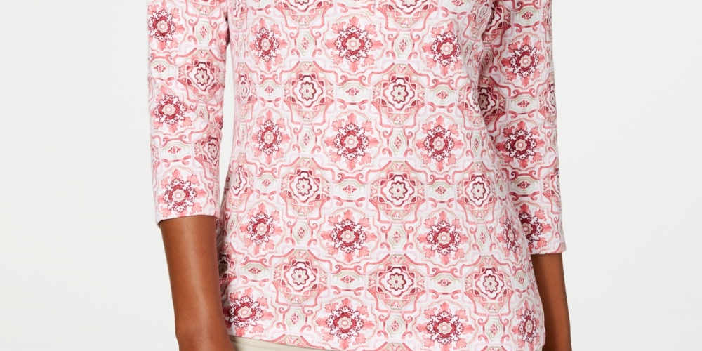 Karen Scott Blusa Henley Feminina Estampada Manga 3/4 Rosa Tamanho Pequeno