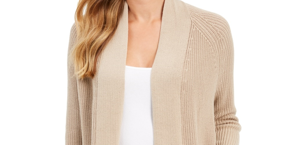 Cardigan feminino de algodão com abertura frontal Charter Club, tamanho médio bege, tamanho extragrande