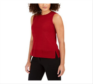 Blusa feminina Anne Klein com fenda, sem mangas, gola redonda, vermelha, tamanho X-S
