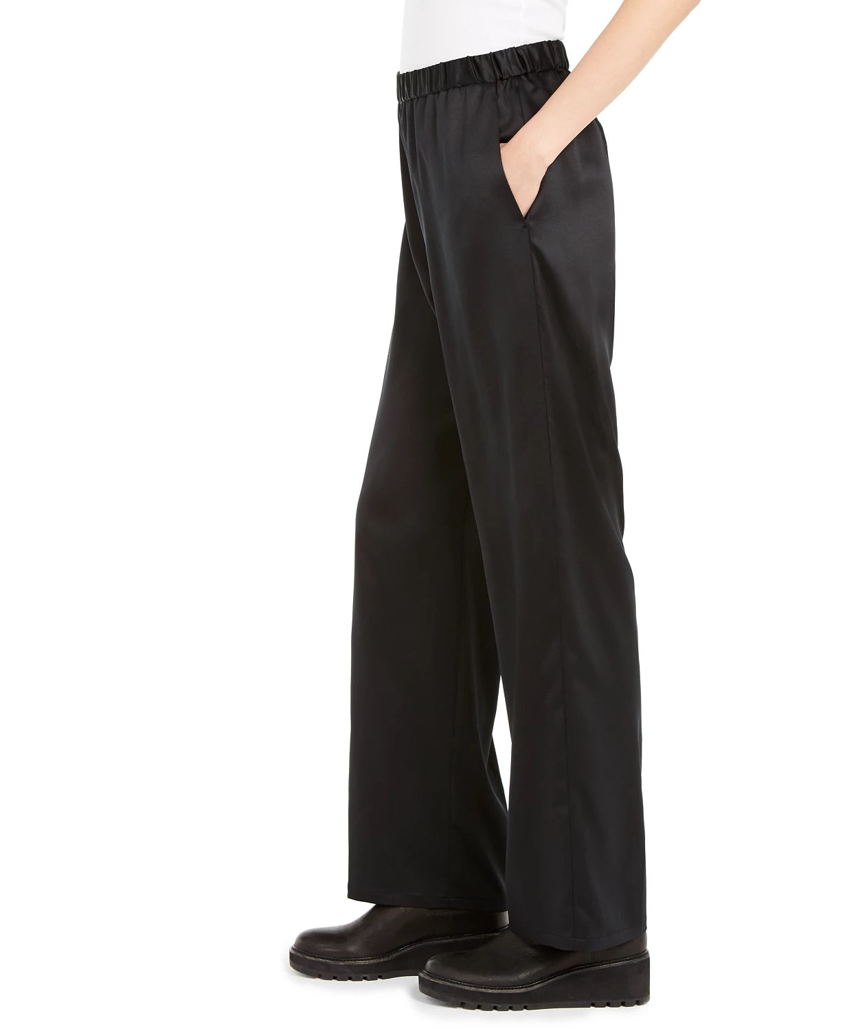 Calça Eileen Fisher Feminina de Poliéster Reciclado com Perna Reta e Punho, Preta, Tamanho Grande