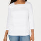Karen Scott Blusa feminina de renda com decote quadrado e manga 3/4, branca, tamanho pequeno G