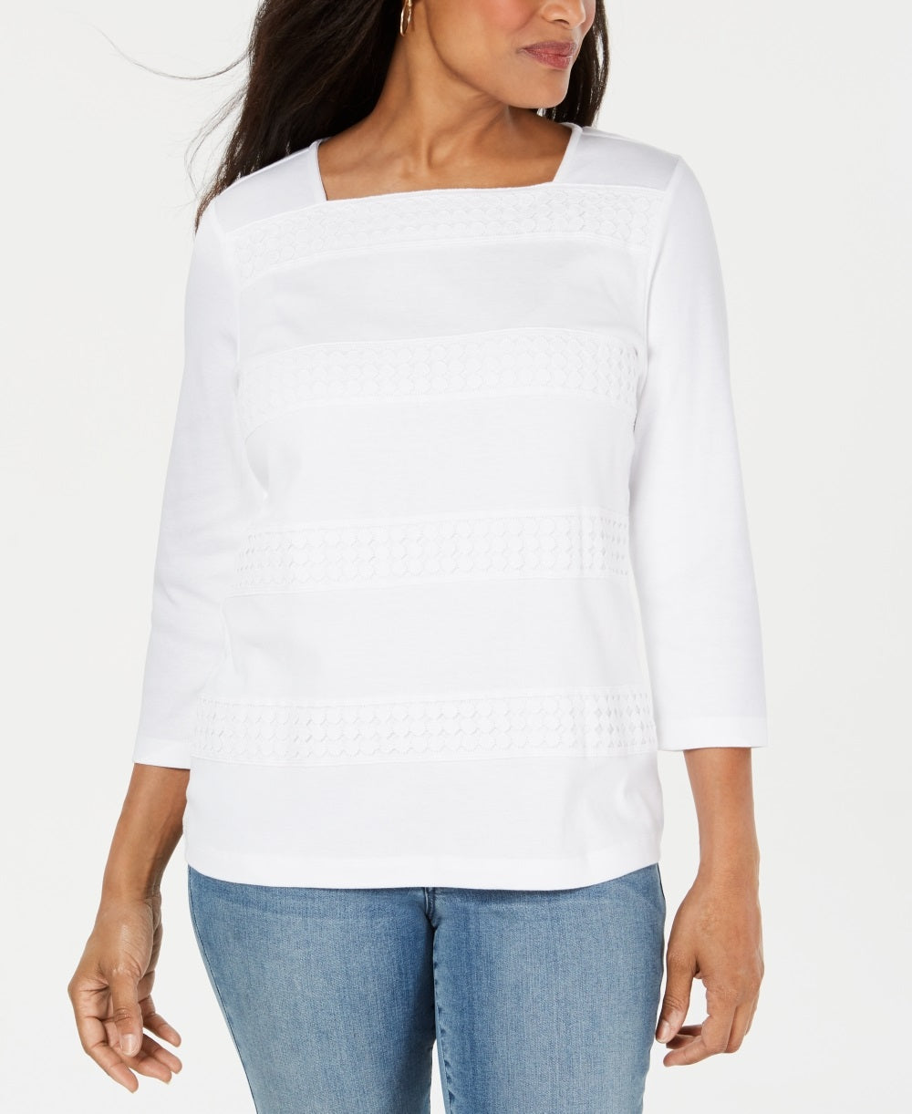 Karen Scott Blusa feminina de renda com decote quadrado e manga 3/4, branca, tamanho pequeno G