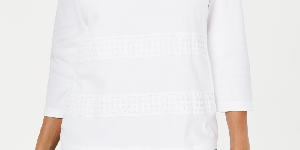 Karen Scott Blusa feminina de renda com decote quadrado e manga 3/4, branca, tamanho pequeno G