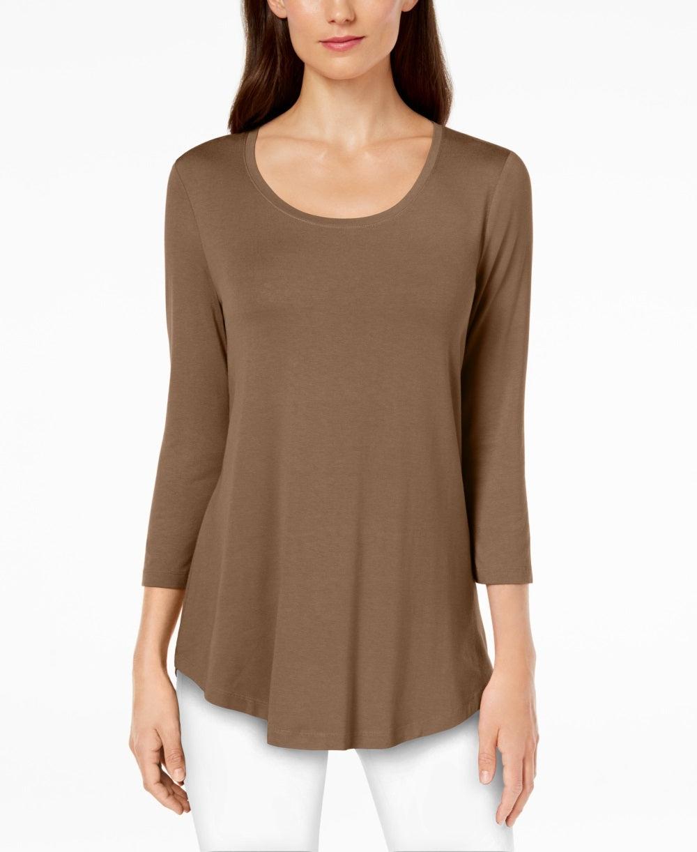 Blusa feminina com decote redondo e manga curta, tamanho XS, da coleção JM, marrom