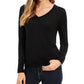 Suéter feminino de lã merino com punho de botão e gola V, preto, tamanho grande
