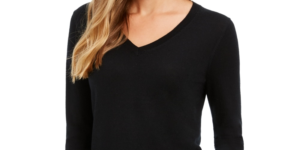 Suéter feminino de lã merino com punho de botão e gola V, preto, tamanho grande