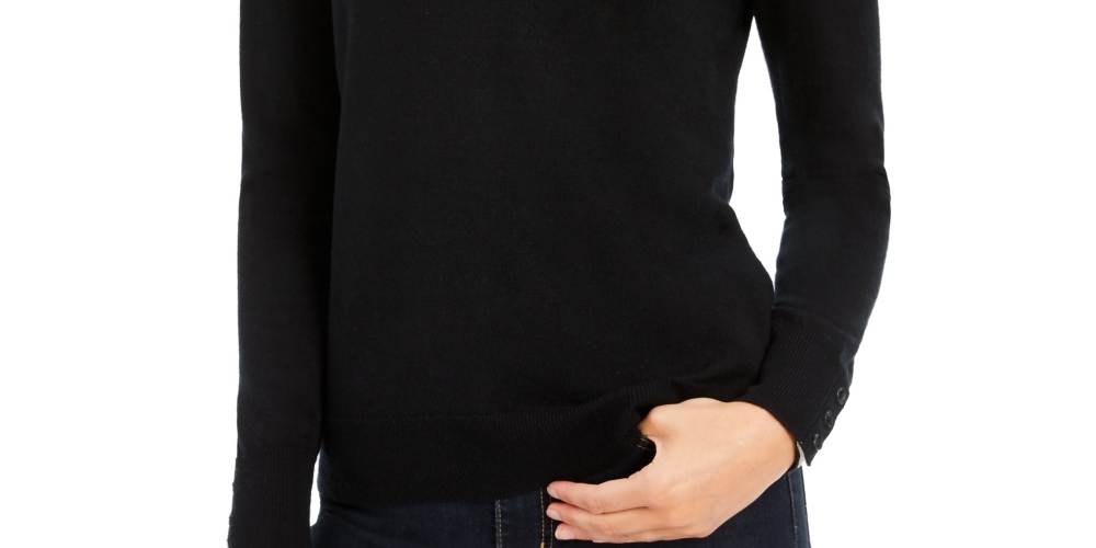 Suéter feminino de lã merino com punho de botão e gola V, preto, tamanho grande