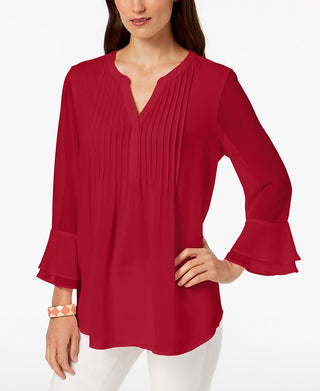 Charter Club Women's Double Ruffle Solid Pintuck Top Red Size XX-Large