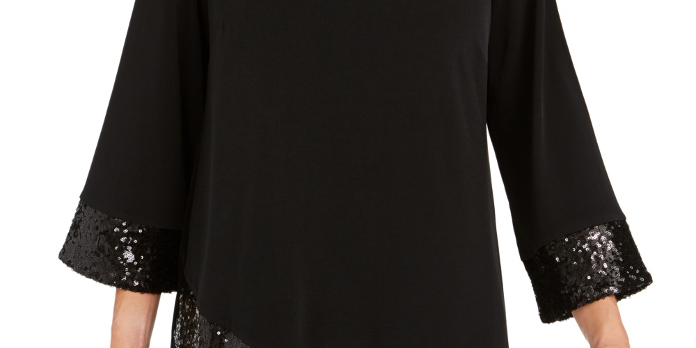 Top feminino com bainha cruzada e lantejoulas da coleção JM, preto, tamanho pequeno