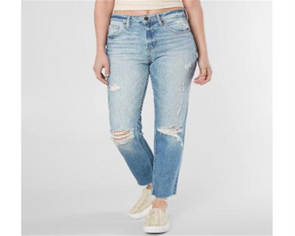 Calça jeans feminina Hidden Jeans rasgada, cintura alta, tornozelo, perna reta, azul, tamanho 27