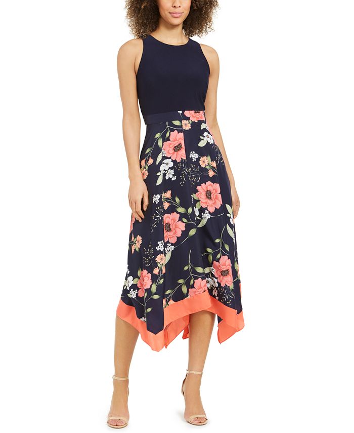 Vince Camuto Calça feminina estampada em crepe da China Twofer MIDI com corpete em jersey azul, tamanho 12