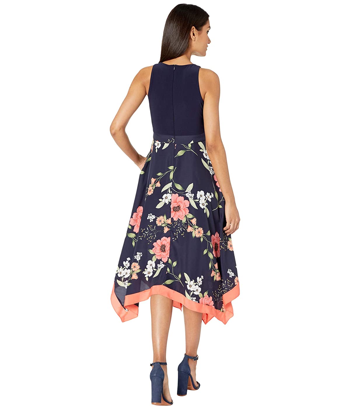 Vince Camuto Calça feminina estampada em crepe da China Twofer MIDI com corpete em jersey azul, tamanho 12