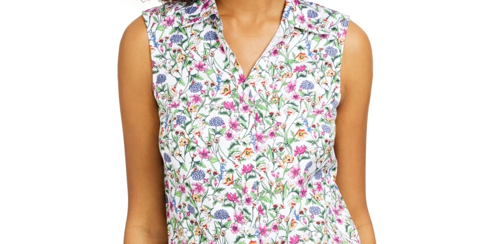Camisa feminina sem mangas com estampa floral Charter Club, branca, tamanho 6