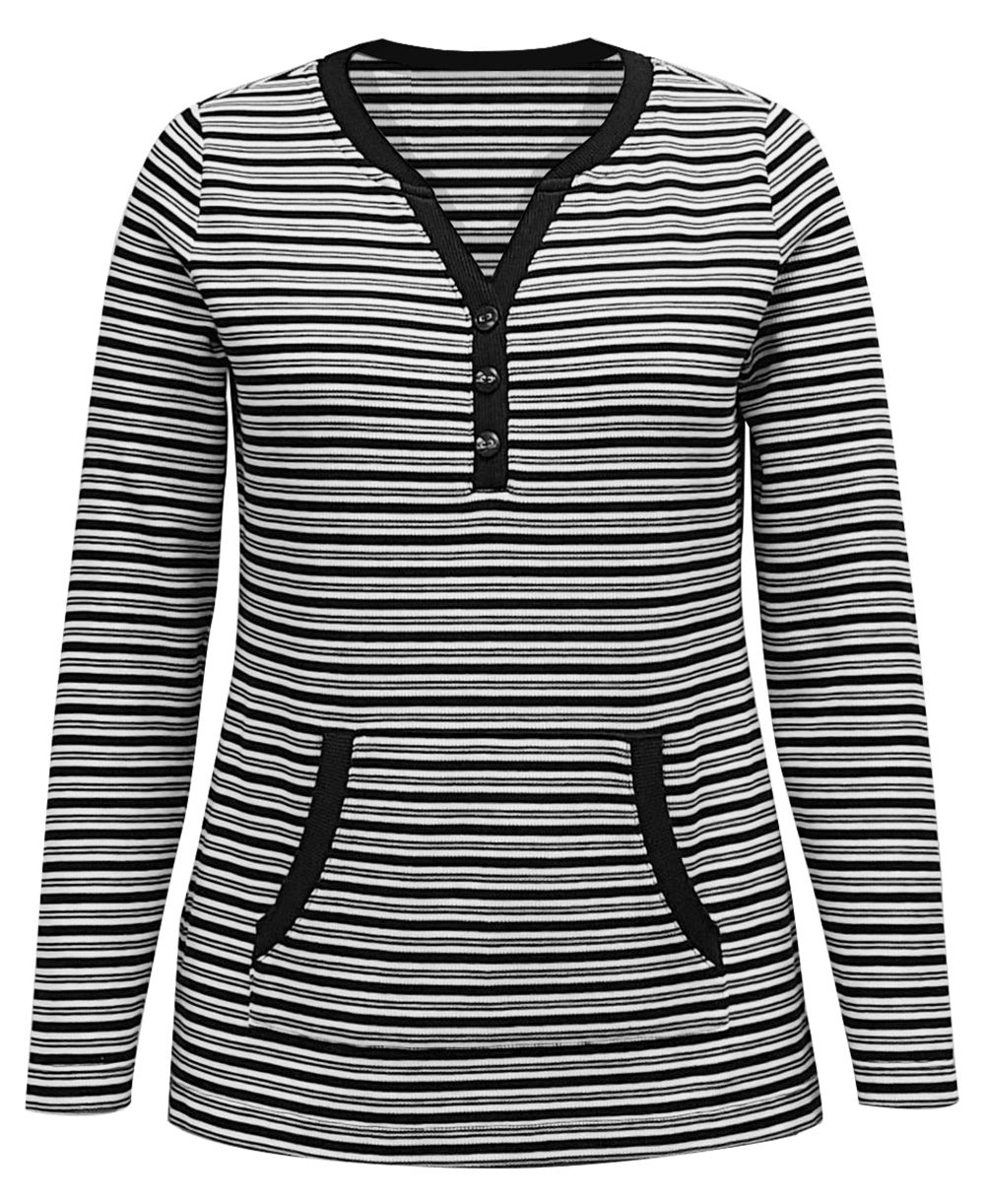 Karen Scott Blusa de malha feminina listrada com decote em V, preta, tamanho médio