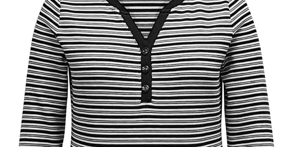 Karen Scott Blusa de malha feminina listrada com decote em V, preta, tamanho médio