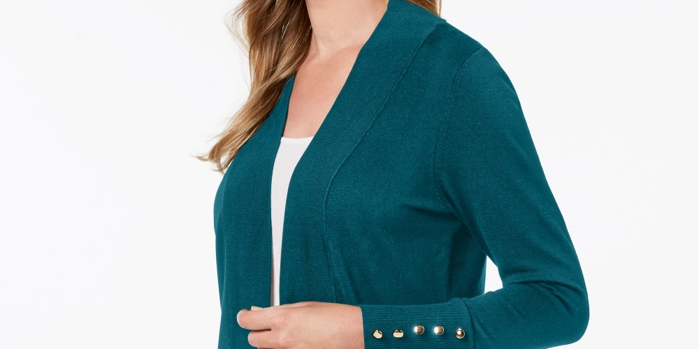 Cardigan feminino JM Collection com frente aberta, azul, tamanho pequeno e pequeno