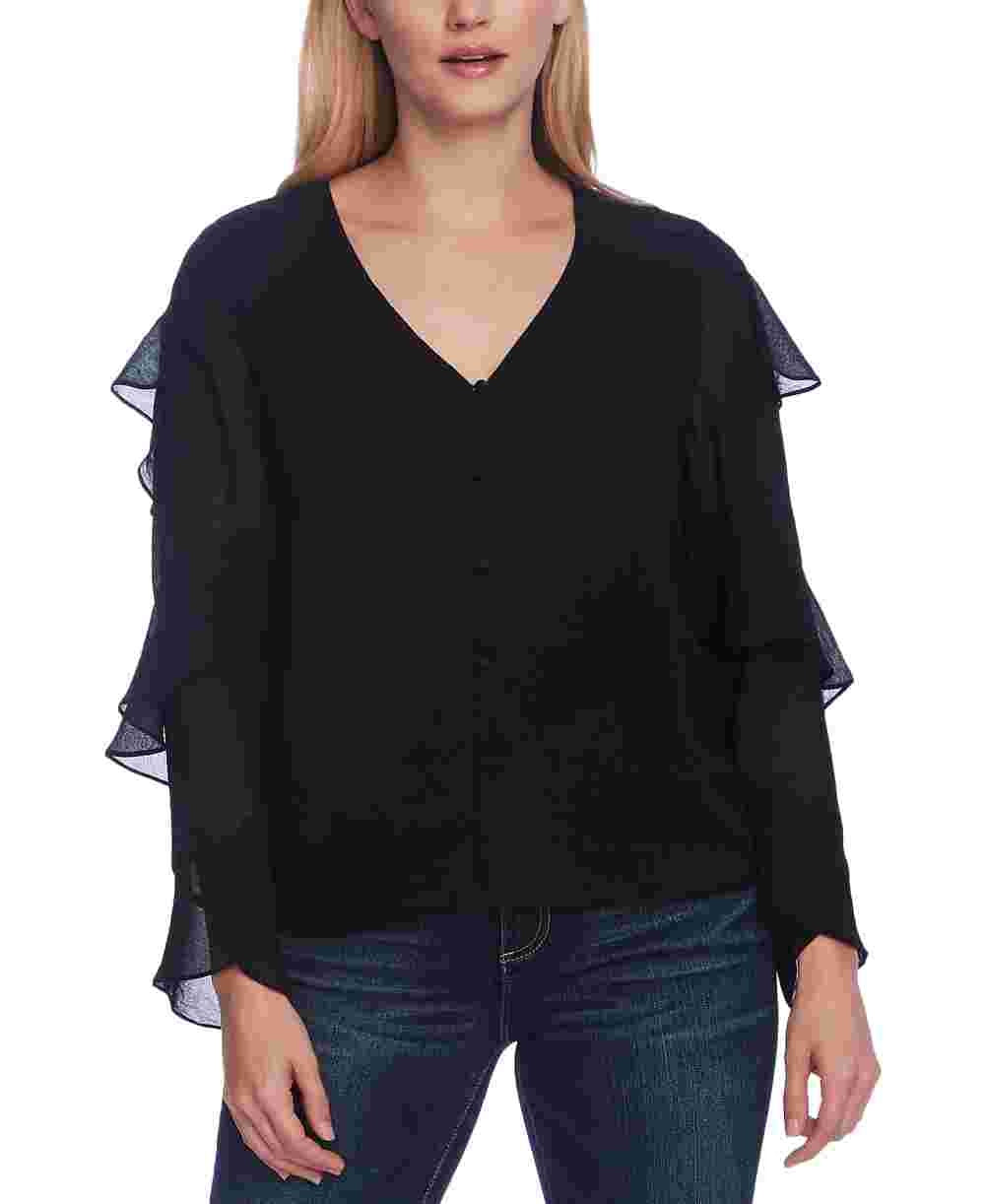 Blusa feminina Vince Camuto de chiffon com babados e botões, cinza, tamanho grande